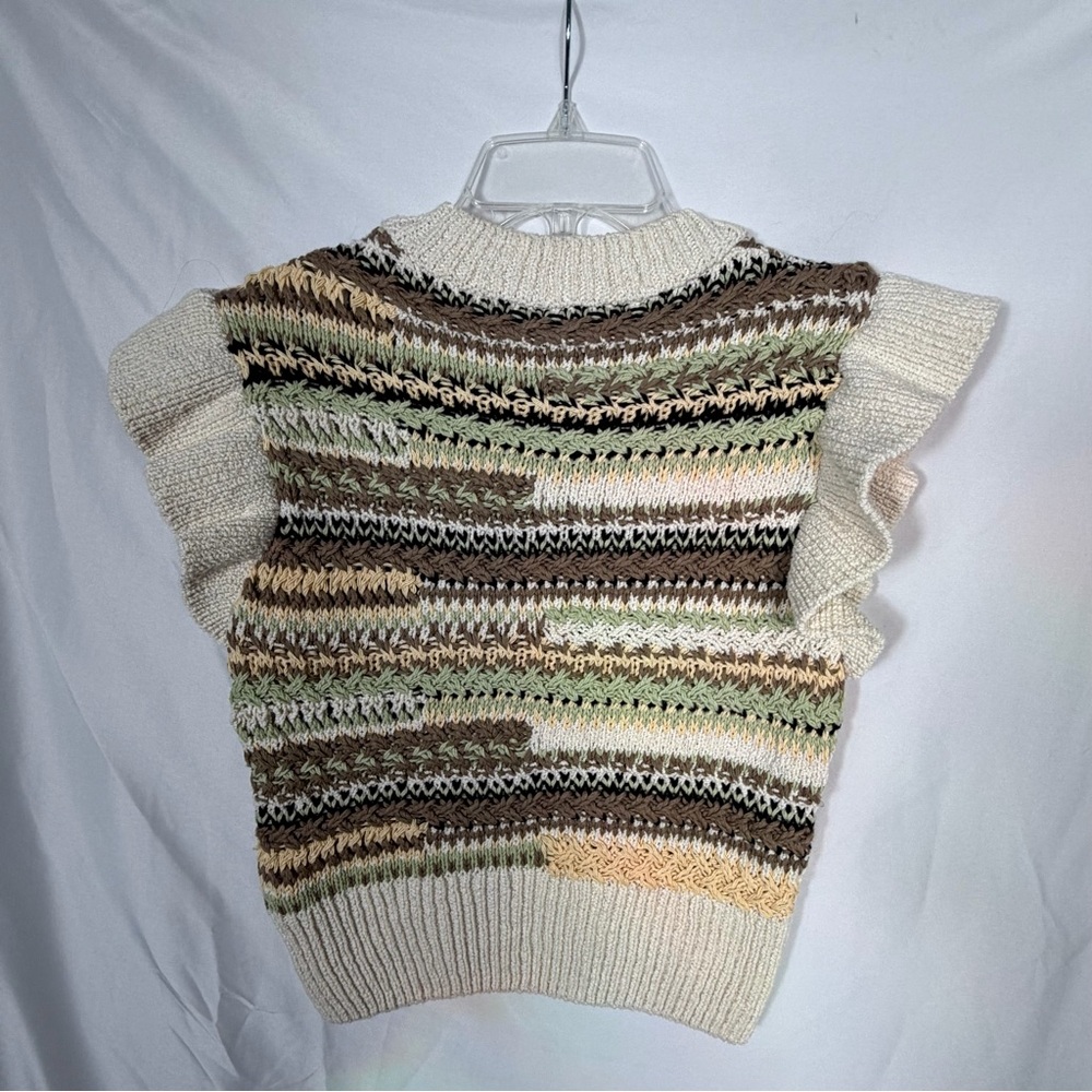 Zara Ruffled Sleeve Multicolor Chunky Knit/Crochet Sweater Vest.  Size Medium. - Picture 8 of 11